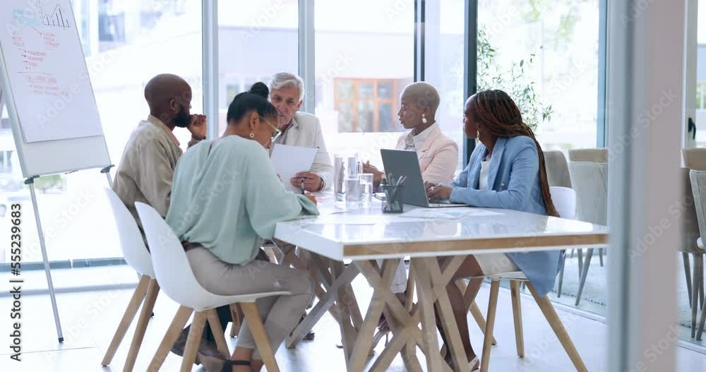 Leadership, coaching or ceo in a meeting with business people planning for future financial or sales growth. Communication, boss or company senior manager talking or speaking of mission or our vision Leadership, coaching or ceo in a meeting with business people planning for future financial or sales growth. Communication, boss or company senior manager talking or speaking of mission or our vision