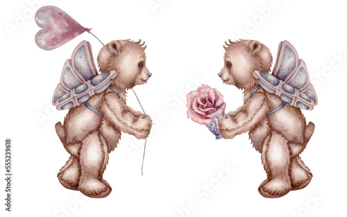 Watercolor hand drawn teddy bears - an angel with pink heart ballon and flower basket for Valentine s Day  birthday  wedding. Elements isolated on white background  