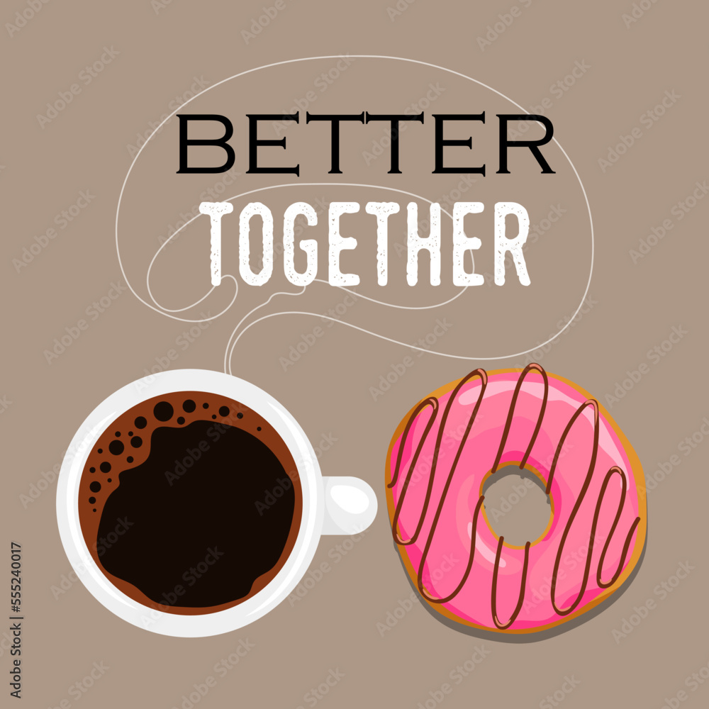 Coffee shop banner design template. Coffee cup and glazed donut top