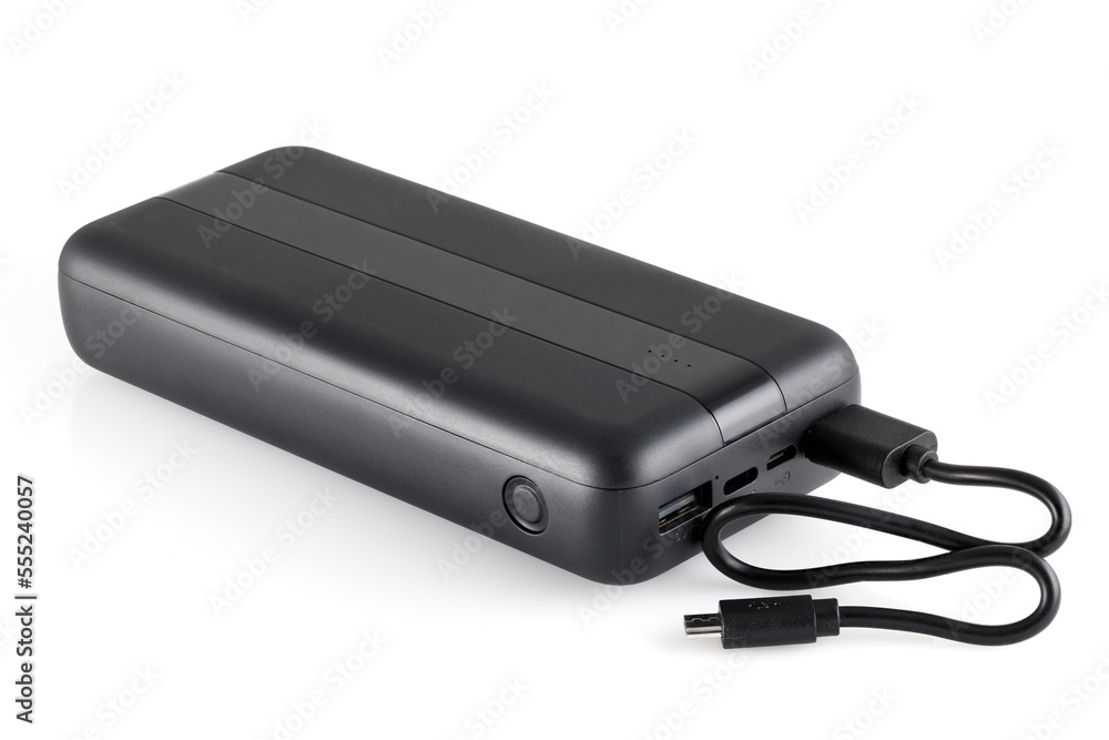 Additional self-contained external battery for charging mobile and other device. Power bank isolated on white background. Stylish charger (rechargeable battery). Full depth of field. Additional self-contained external battery for charging mobile and other device. Power bank isolated on white background. Stylish charger (rechargeable battery). Full depth of field.