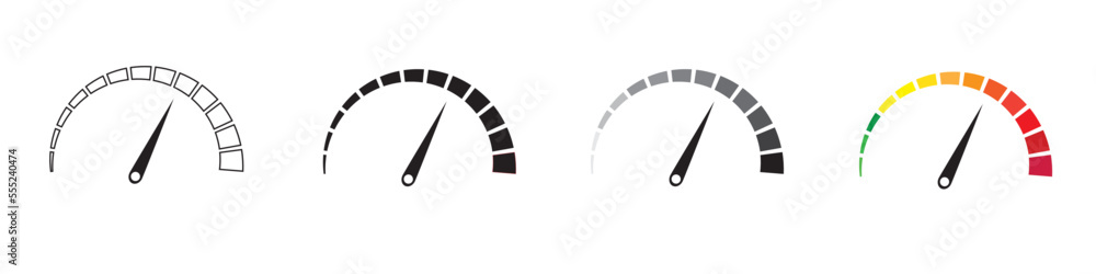 Speedometer icon set. Customer satisfaction indicator level. Risk level gauge. Info-graphic gauge Colorful info-graphic speedometer icon set. Productivity meter. Info-graphic icons set. Vector. EPS 10 - obrazy, fototapety, plakaty 
