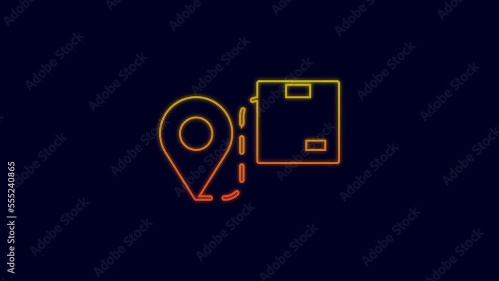 Glowing neon line Location with cardboard box icon isolated on blue background. Delivery services, logistic and transportation, distribution. 4K Video motion graphic animation Glowing neon line Location with cardboard box icon isolated on blue background. Delivery services, logistic and transportation, distribution. 4K Video motion graphic animation