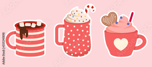 Set Of Valentines Beverages, Drinks With Marshmallow Vector Illustration With Hearts In Flat Style