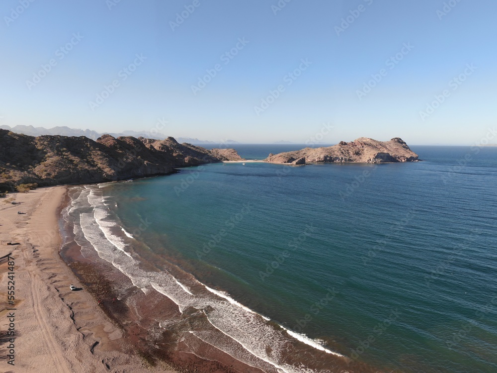 Aerial of Baja Mexico coastline in small town of Agua Verde