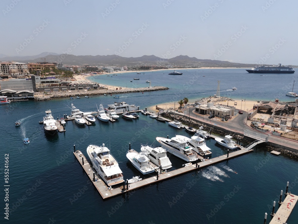 Aerial of boats at marina in Cabo, Mexico