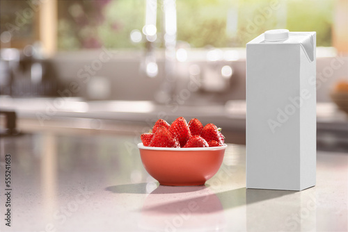 Kitchen with strawberries and pack mockup (ID: 555241683)