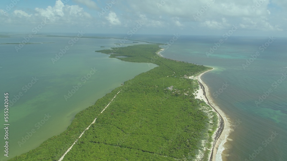 Aerial of jungle peninsula near Tulum Mexico of protected biosphere Aerial of jungle peninsula near Tulum Mexico of protected biosphere