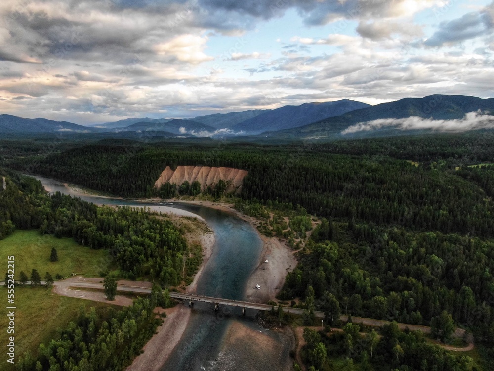 Aerial of Middle Fork of the Flathead River near Glacier National Park in Montana