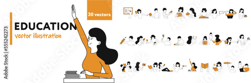 Education concept vector illustration with people set. School and university study icon and online learning. Internet knowledge and distance training. Business teaching and classroom studying scene