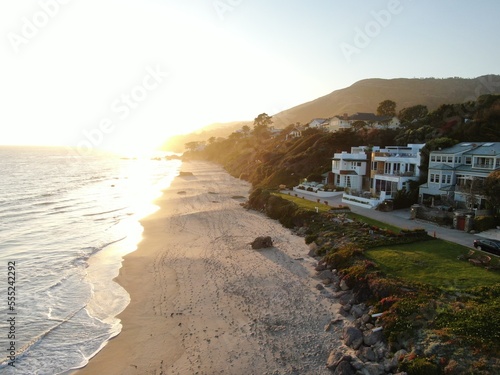Aerial of oceanfront properties in Malibu, California