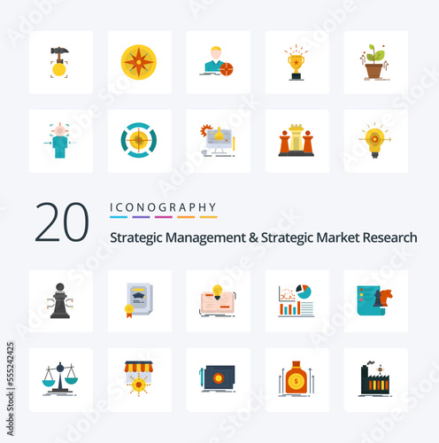 20 Strategic Management And Strategic Market Research Flat Color icon Pack like business business book flowchat graph