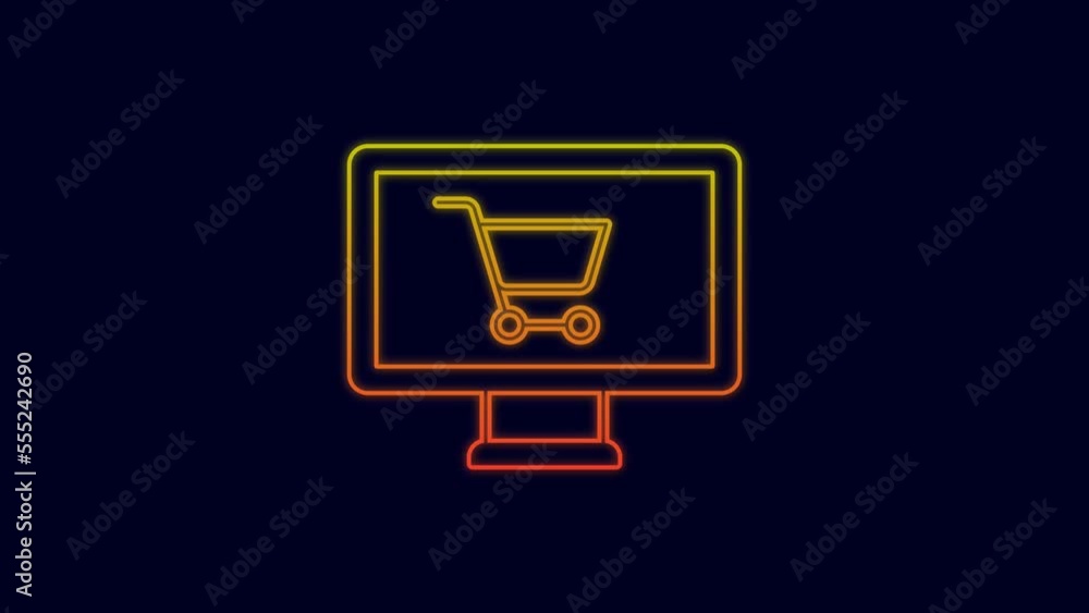 Glowing neon line Shopping cart on monitor icon isolated on blue background. Concept e-commerce, e-business, online business marketing. 4K Video motion graphic animation Glowing neon line Shopping cart on monitor icon isolated on blue background. Concept e-commerce, e-business, online business marketing. 4K Video motion graphic animation