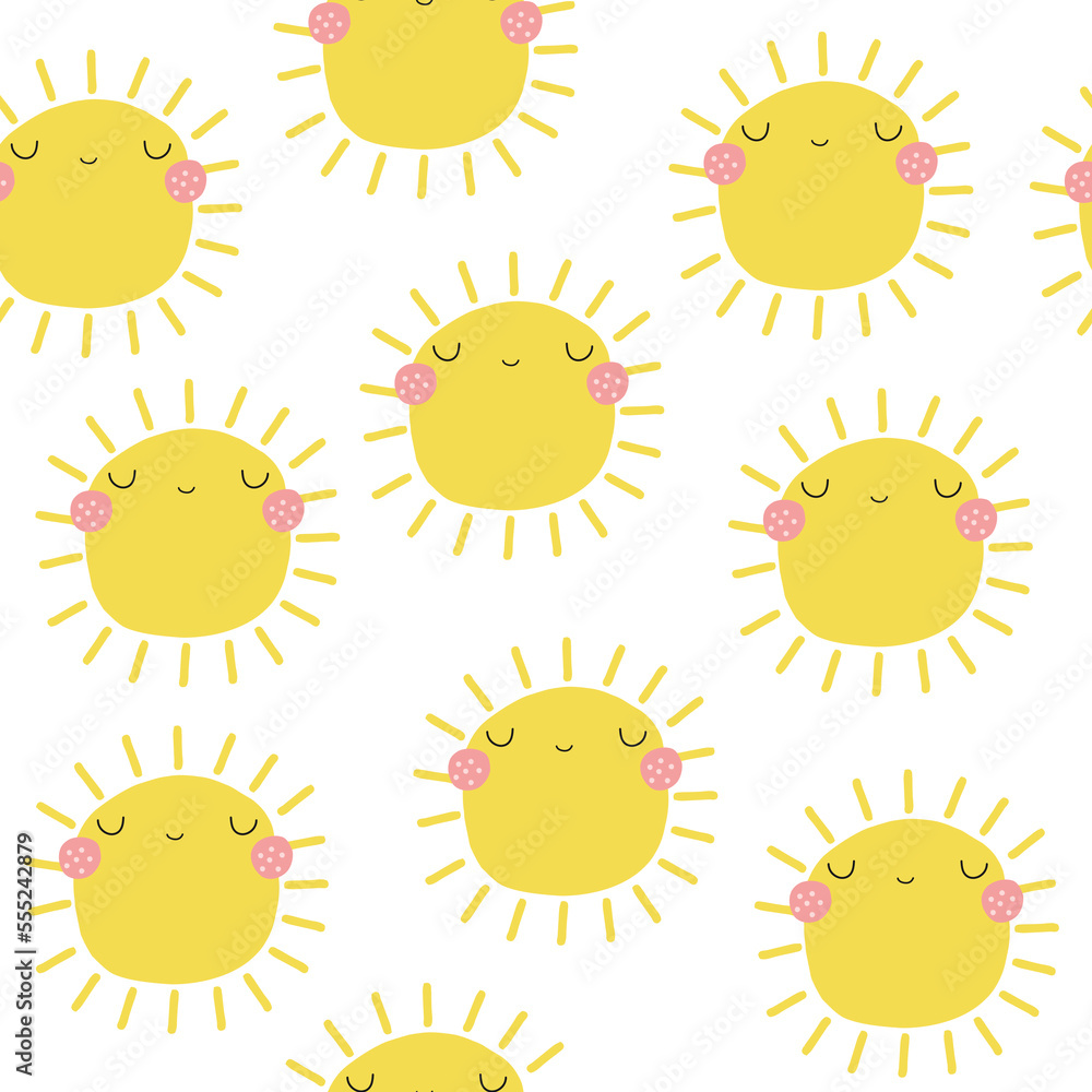 Fototapeta premium Cute cartoon sun seamless pattern. Childish summer print. Vector hand drawn illustration.