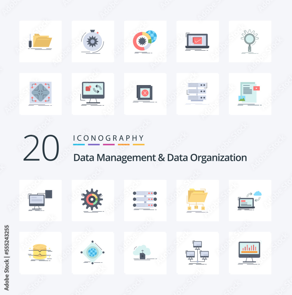 20 Data Management And Data Organization Flat Color icon Pack like files backup process data rack