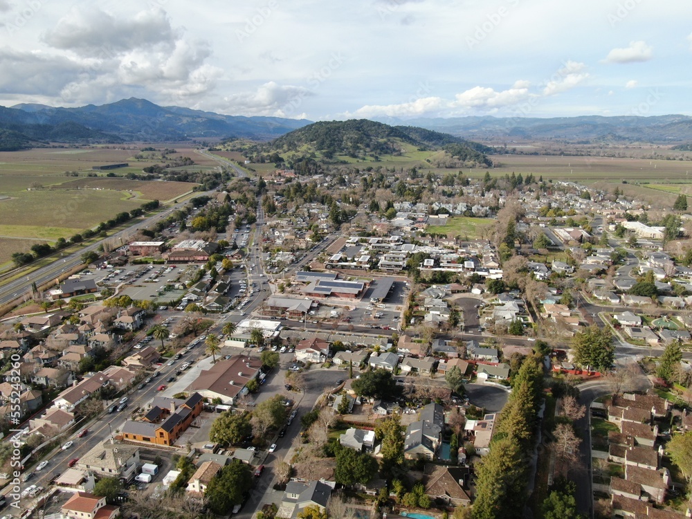 Aerial of Yountville, California in wine region