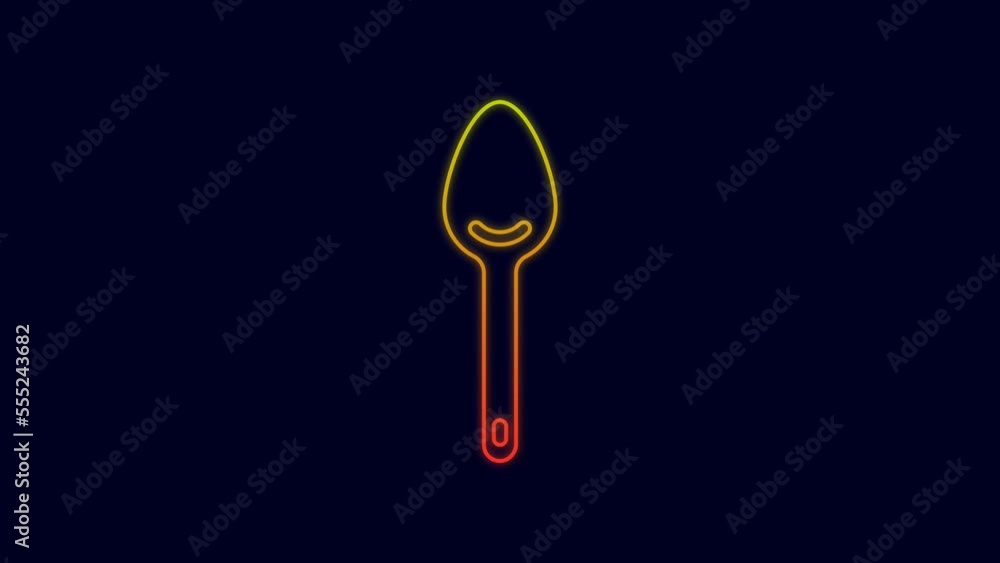 Glowing neon line Spoon icon isolated on blue background. Cooking utensil. Cutlery sign. 4K Video motion graphic animation Glowing neon line Spoon icon isolated on blue background. Cooking utensil. Cutlery sign. 4K Video motion graphic animation