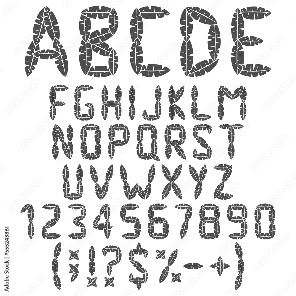Alphabet, letters, numbers and signs from leaves. Isolated vector objects on a white background. Alphabet, letters, numbers and signs from leaves. Isolated vector objects on a white background.