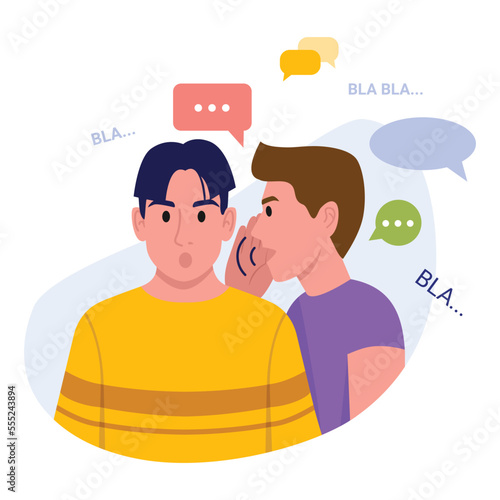 Vector illustration of gossiping. Cartoon scene with guys who quietly discuss other people's rumors on white background.