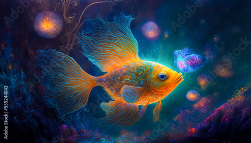 Fantasy background with a beautiful glowing magical goldfish, bokeh background. digital art  © Viks_jin