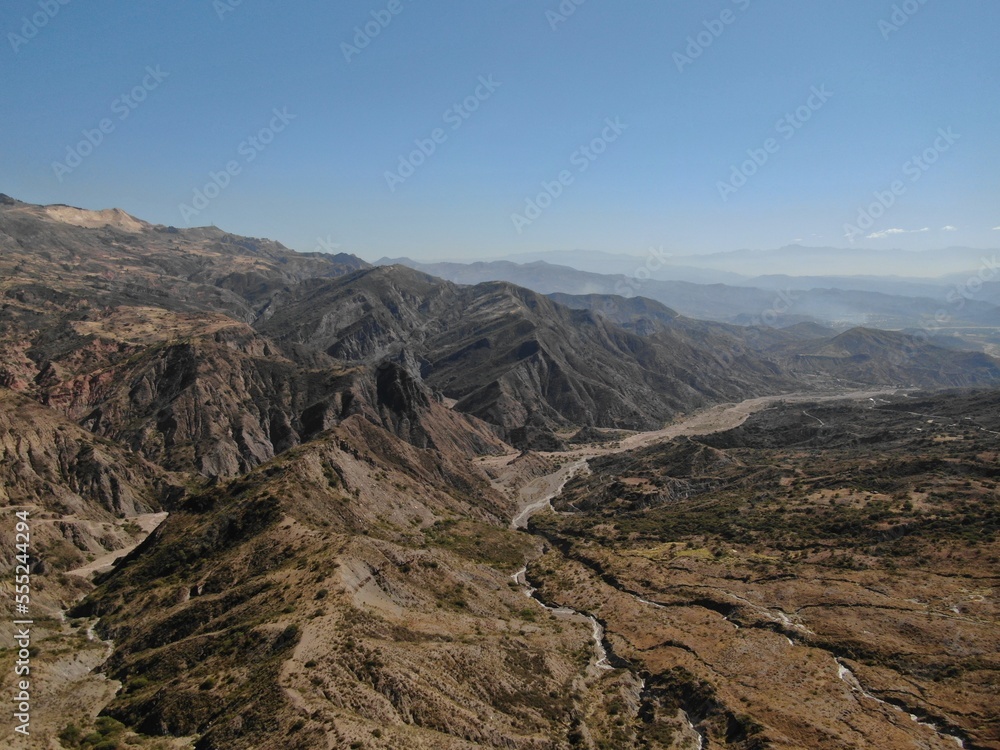 High aerial of flood plains in remote Bolivian mountains