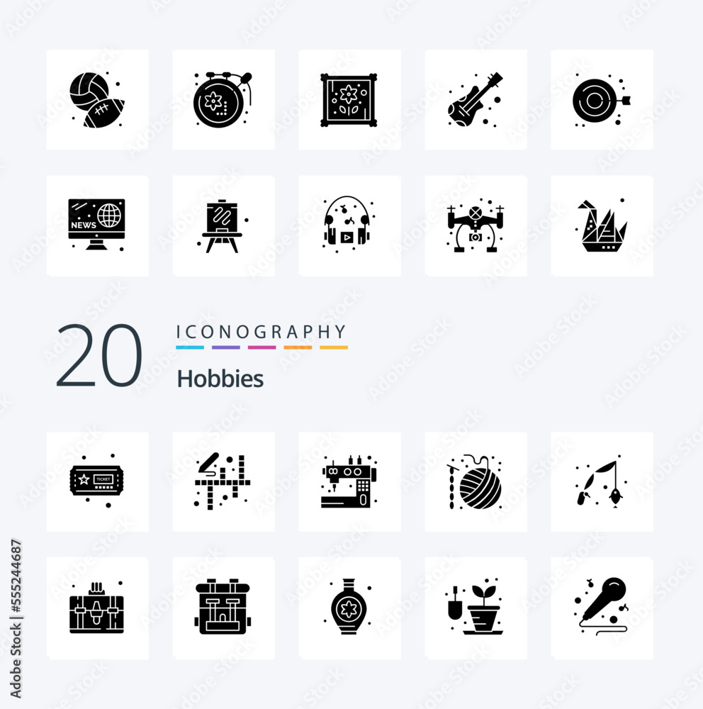 20 Hobbies Solid Glyph icon Pack like fish hobbies machine crochet ball