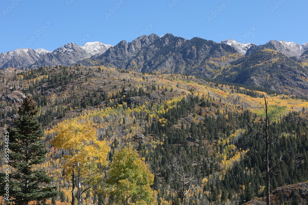 Mountain range and fall colors near Purgatory Ski resort in southern Colorado