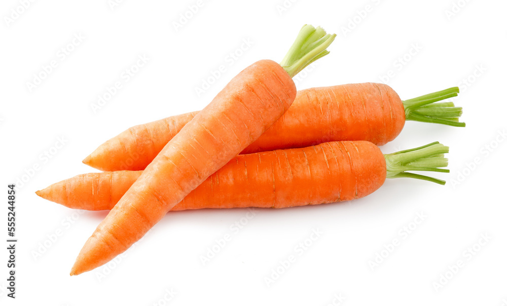 Fresh carrot isolated. Two whole carrots and half of carrot on white background. - obrazy, fototapety, plakaty 