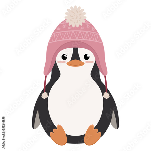 Pingwin w różowej czapce z pomponem. Uroczy zwierzak na białym tle. Wektorowa ilustracja w płaskim stylu.