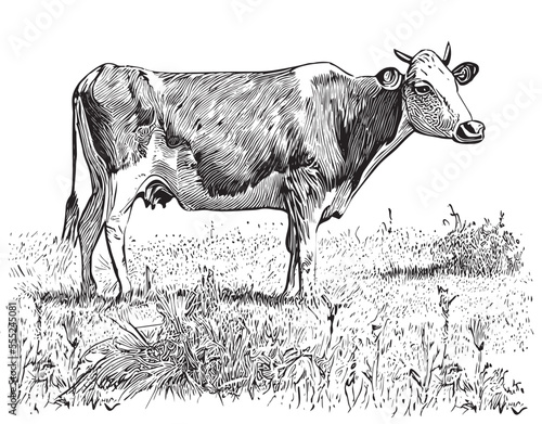 Cow grazing in the meadow retro hand drawn sketch Farming Vector illustration