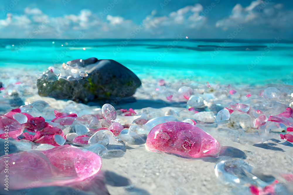 On the pink beach of romantic Maldives, there are many light blue and white crystal clear luminous stones, some pink roses, warm sunshine, white waves, and luminous creatures On the pink beach of romantic Maldives, there are many light blue and white crystal clear luminous stones, some pink roses, warm sunshine, white waves, and luminous creatures
