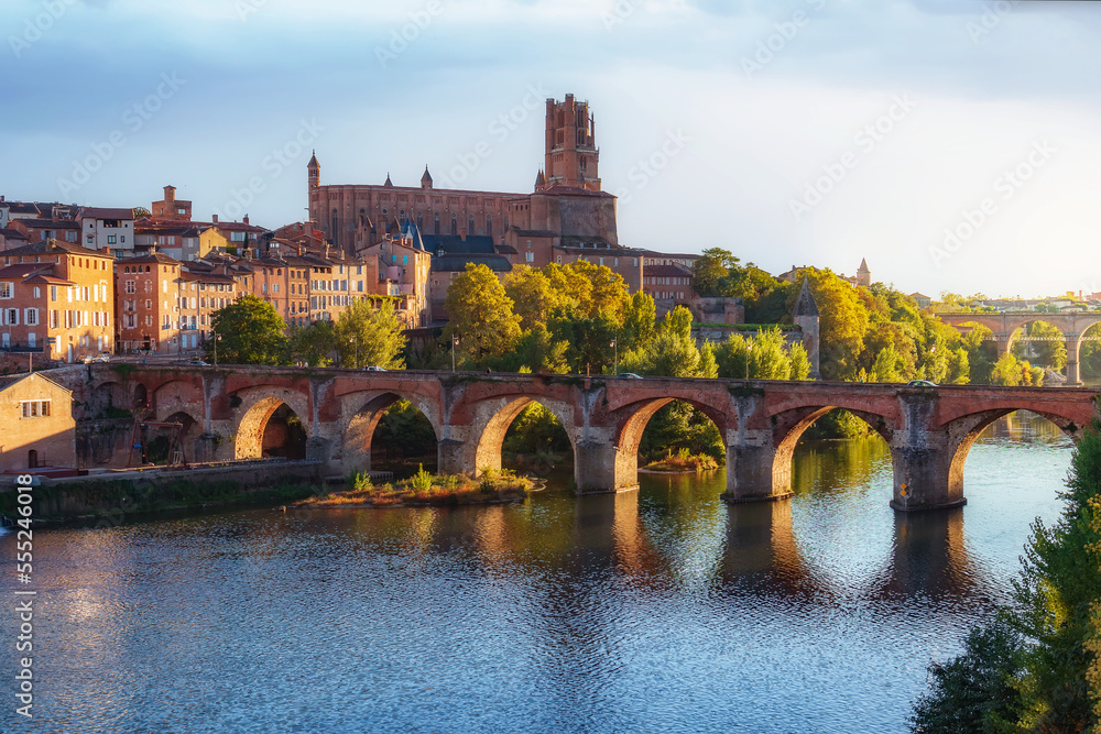 Fototapeta premium Albi cityscape with view of Tarn river, Pont Vieux (Old Bridge) and Sainte-Cecile cathedral. Tarn department, southern France.