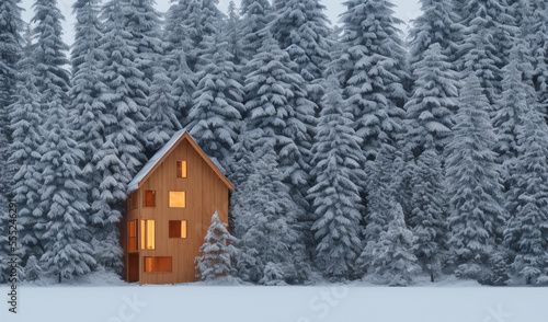 wooden house in the winter forest, winter, christmas, christmas house, generative ai technology