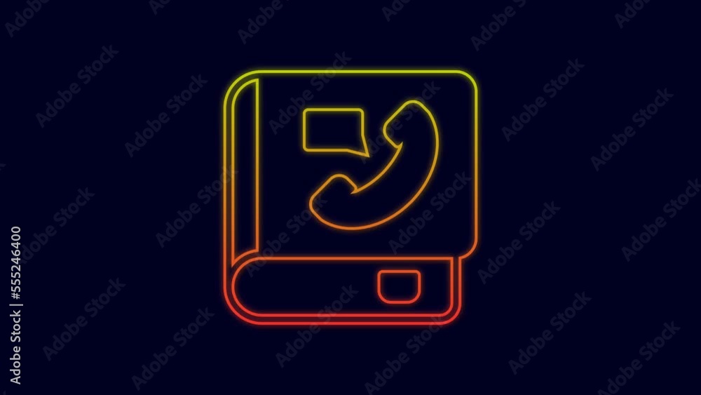 Glowing neon line Phone book icon isolated on blue background. Address book. Telephone directory. 4K Video motion graphic animation Glowing neon line Phone book icon isolated on blue background. Address book. Telephone directory. 4K Video motion graphic animation
