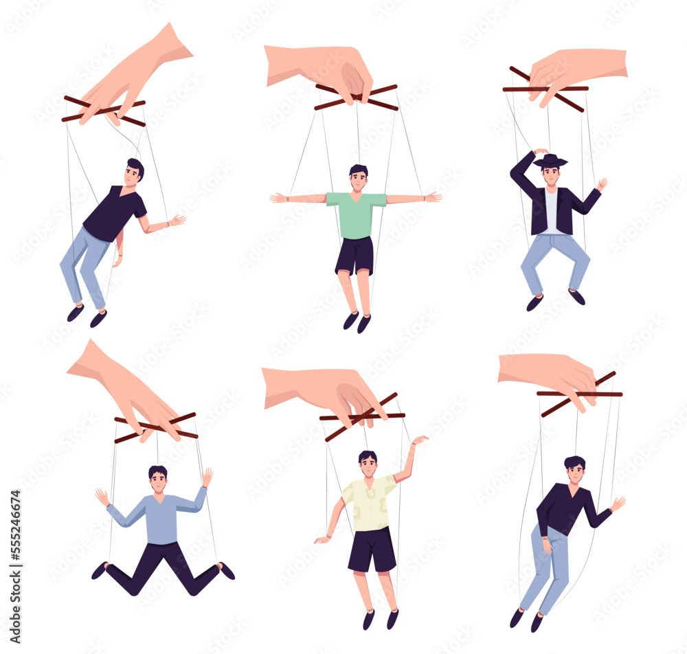 Set of people hang on ropes. Puppeteer and puppets. Manipulator playing with men and women. Characters being controlled by master, domination or authority Set of people hang on ropes. Puppeteer and puppets. Manipulator playing with men and women. Characters being controlled by master, domination or authority