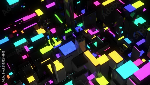 3d render. Dark science fiction background. Abstract dark background neon cubes light bulbs. Different sizes cubes network lighting multicolor neon light, like night city.