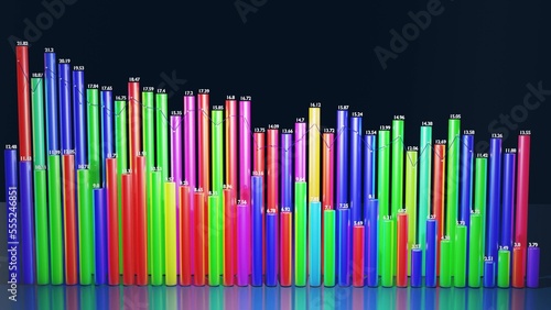 3d render. Multicolor bars, counters and graph. Beautiful 3d background for analytical programs with abstract infographics, statistical data. 3d columns as financial bg photo