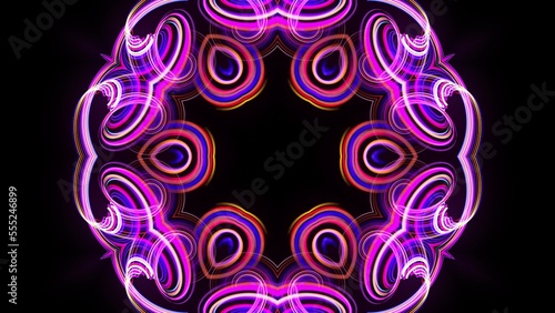 3d render. Abstract laser show. Abstract bg with pattern of glow blue red lines. Pattern like flower, star or mandala of glow curved lines. Kaleidoscopic simmetrical structure with lines photo