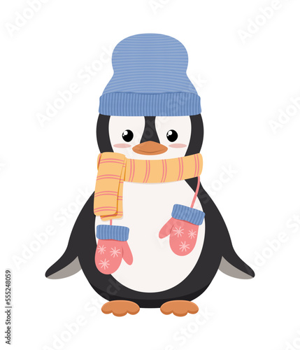 Pingwin w niebieskiej czapce, żółtym szaliku, z rękawiczkami. Urocza zimowa ilustracja. Wektorowa ilustracja w płaskim stylu.