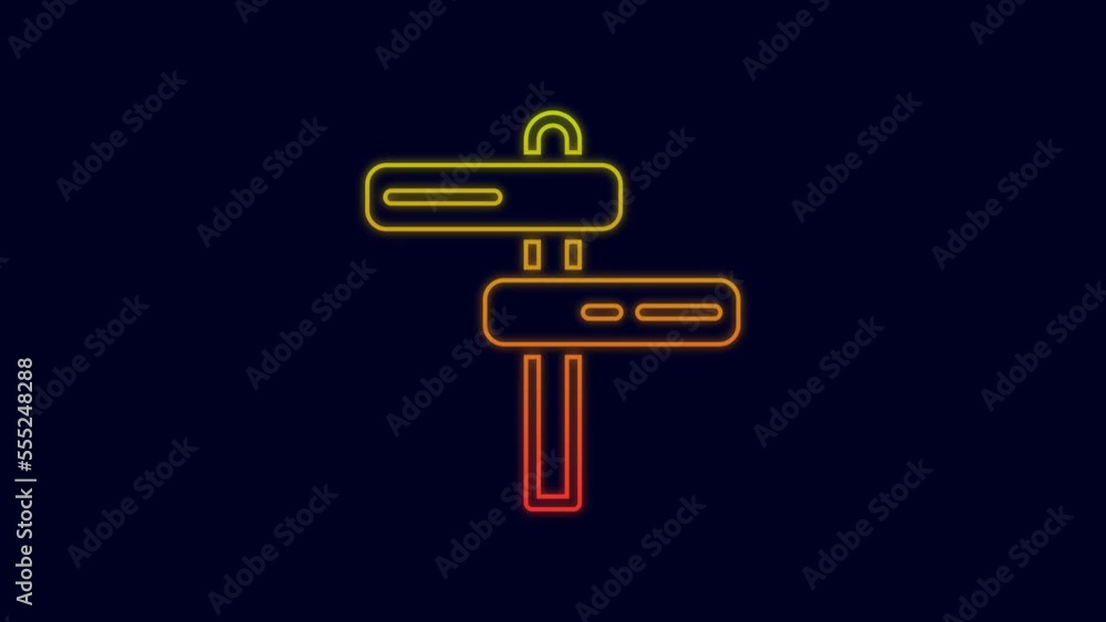 Glowing neon line Road traffic sign. Signpost icon isolated on blue background. Pointer symbol. Isolated street information sign. Direction sign. 4K Video motion graphic animation Glowing neon line Road traffic sign. Signpost icon isolated on blue background. Pointer symbol. Isolated street information sign. Direction sign. 4K Video motion graphic animation