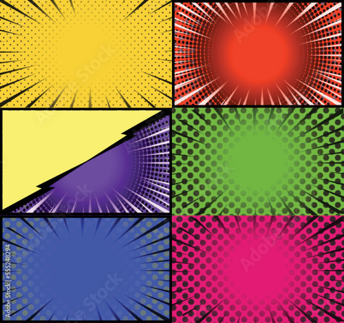 Comic book colorful frames background with halftone rays radial and dotted effects pop art style