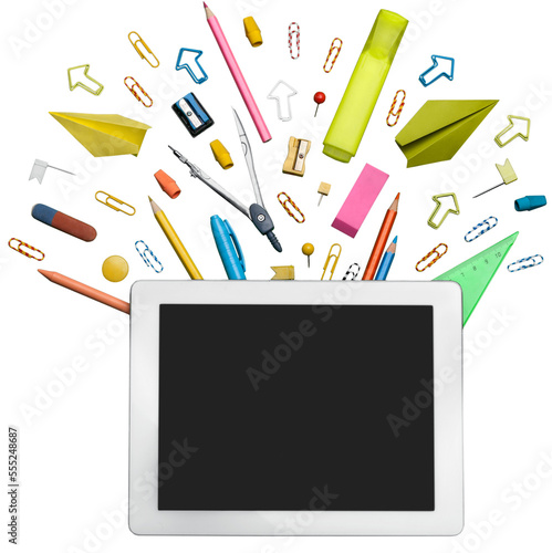 Digital tablet and various multi-colored stationery.
