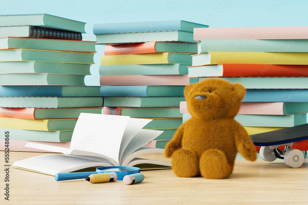 Stuffed teddy bear with book isolated, preschool or kindergarten studying. 3d render Stuffed teddy bear with book isolated, preschool or kindergarten studying. 3d render