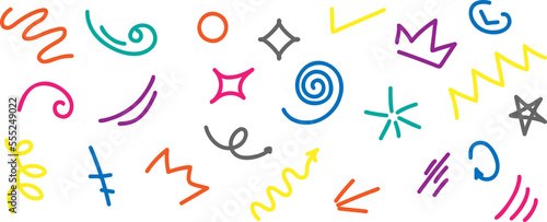 Fun colorful line doodle shape icons. Design for children or party celebration with basic shapes 