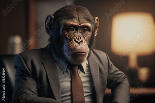 portrait of a monkey in a suit sitting at a desk, ai generated