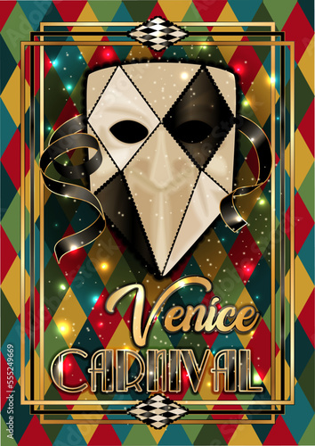 Traditional venice mask Bauta with big nose, greeting card in art deco style , vector illustration