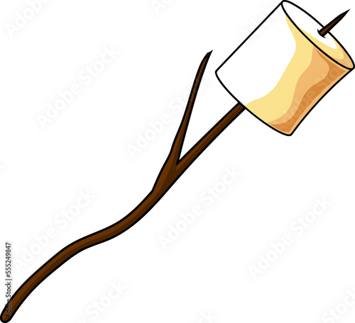 Cartoon Roasted Marshmallow On Wooden Stick. Hand Drawn Illustration Isolated On Transparent Background