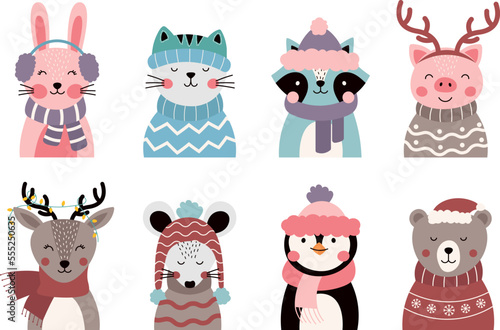 A set of cute animals in winter clothing. Cute animal faces hand-drawn. Great for children's clothes, postcards 