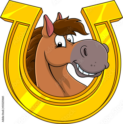 Smiling Horse Head Cartoon Mascot Character In A Golden Horseshoe. Hand Drawn Illustration Isolated On Transparent Background photo