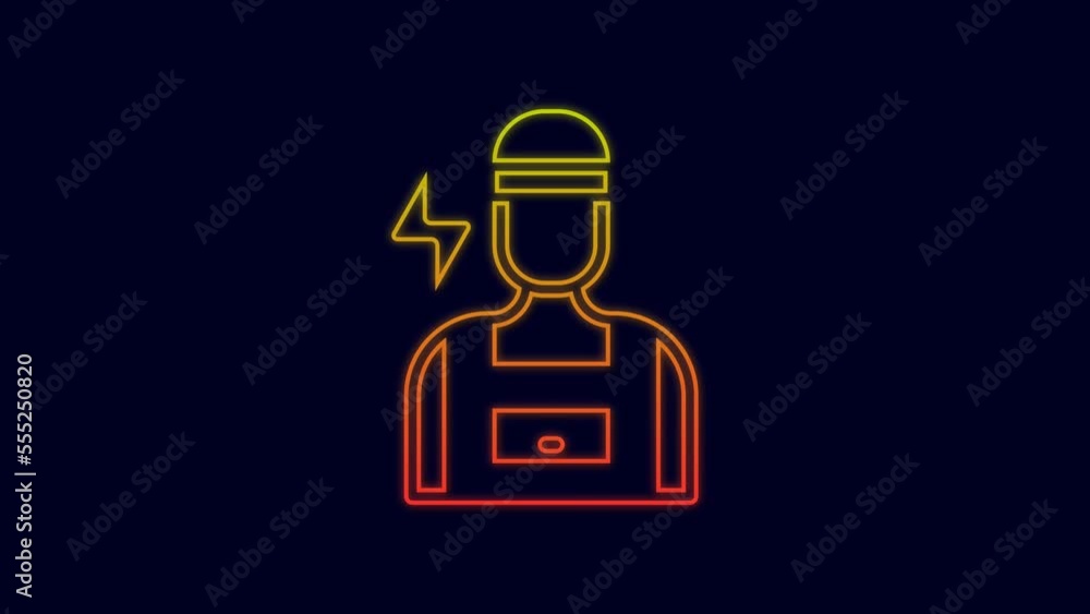 Glowing neon line Electrician technician engineer icon isolated on blue background. 4K Video motion graphic animation Glowing neon line Electrician technician engineer icon isolated on blue background. 4K Video motion graphic animation