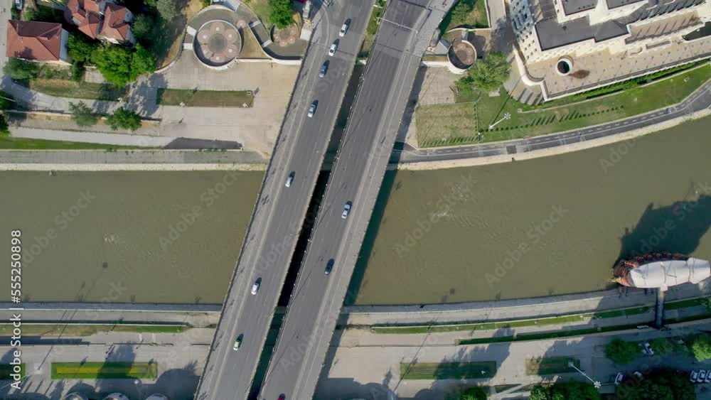 Aerial view of traffic on bridge in downtown in Skopje, Macedonia Aerial view of traffic on bridge in downtown in Skopje, Macedonia